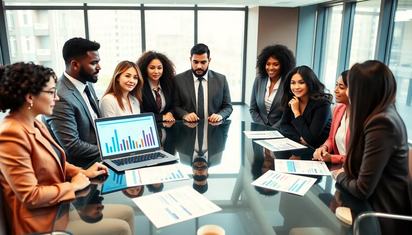 diverse professionals discussing college rankings in a modern office.
