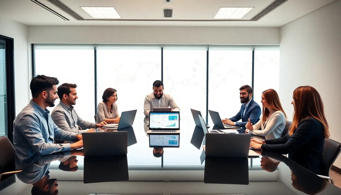 diverse team collaborating with software tools in a modern office.