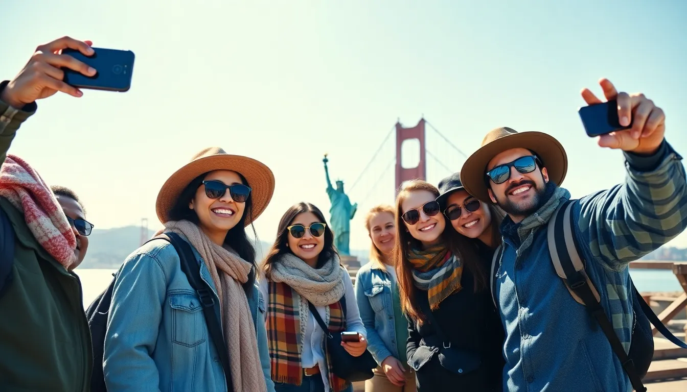 diverse travelers exploring a landmark in the United States.