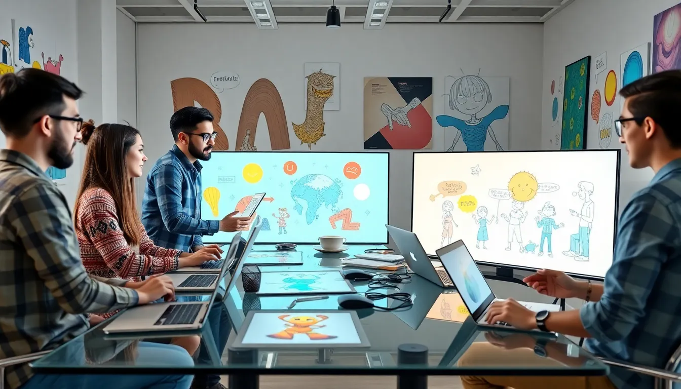 diverse team collaborating on animated content in a modern office.
