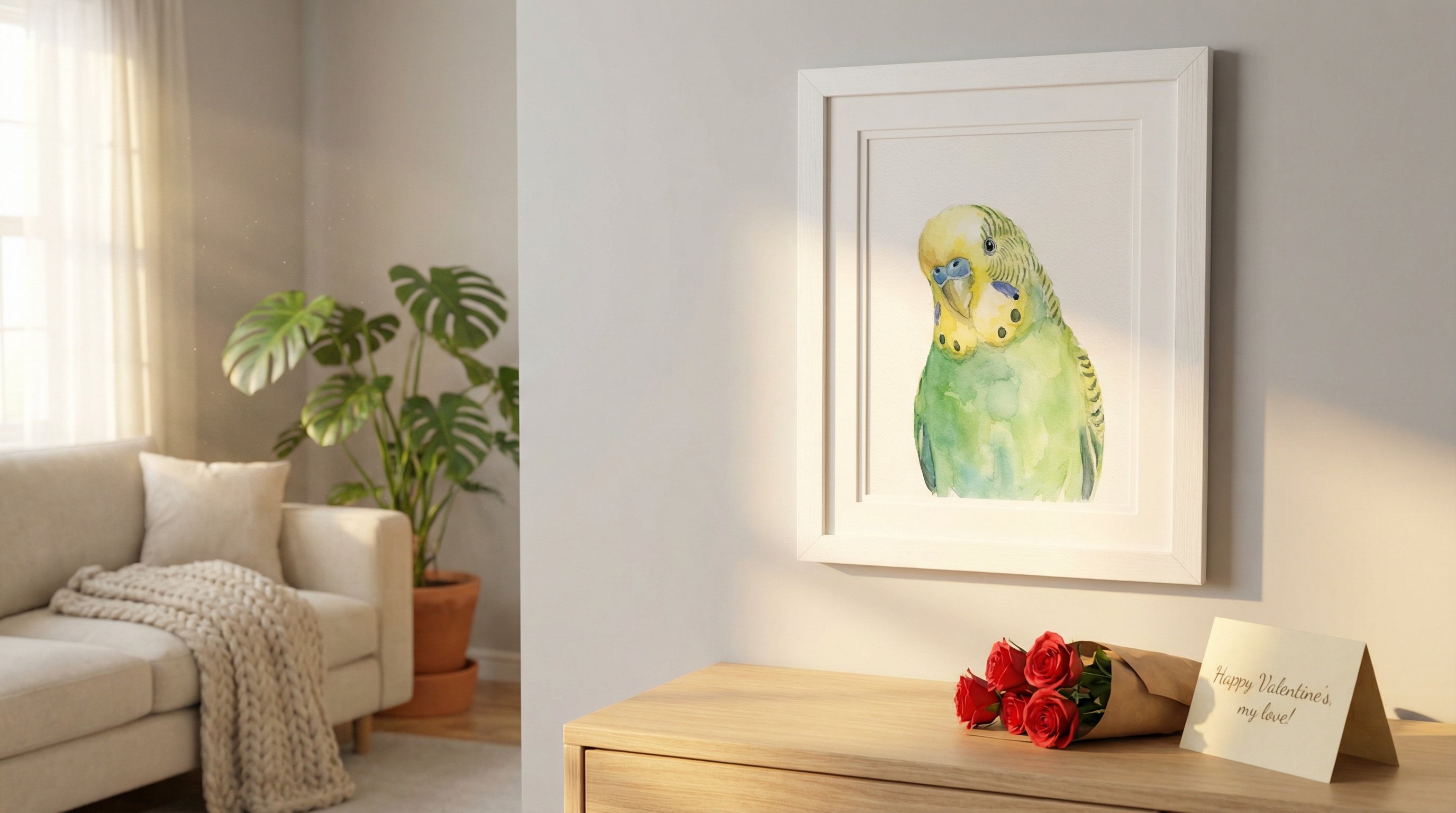 Framed watercolor budgie portrait on a living room wall with Valentine's roses below.