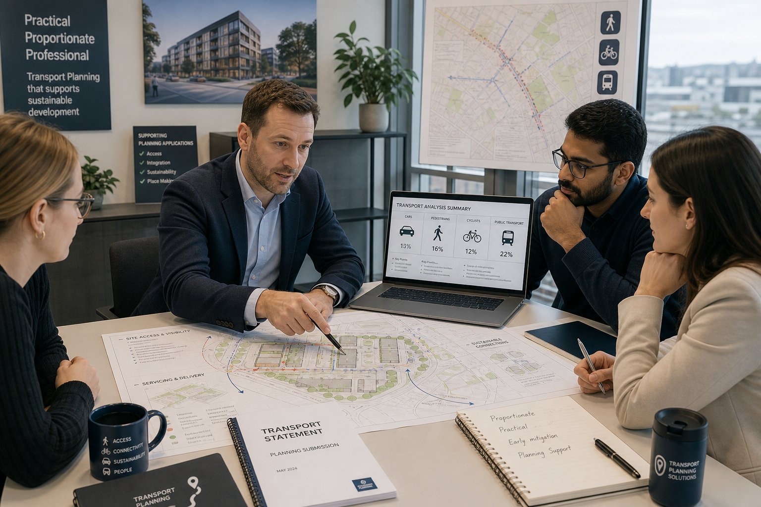 Transport consultant reviewing development plans with a planning team in a modern office.