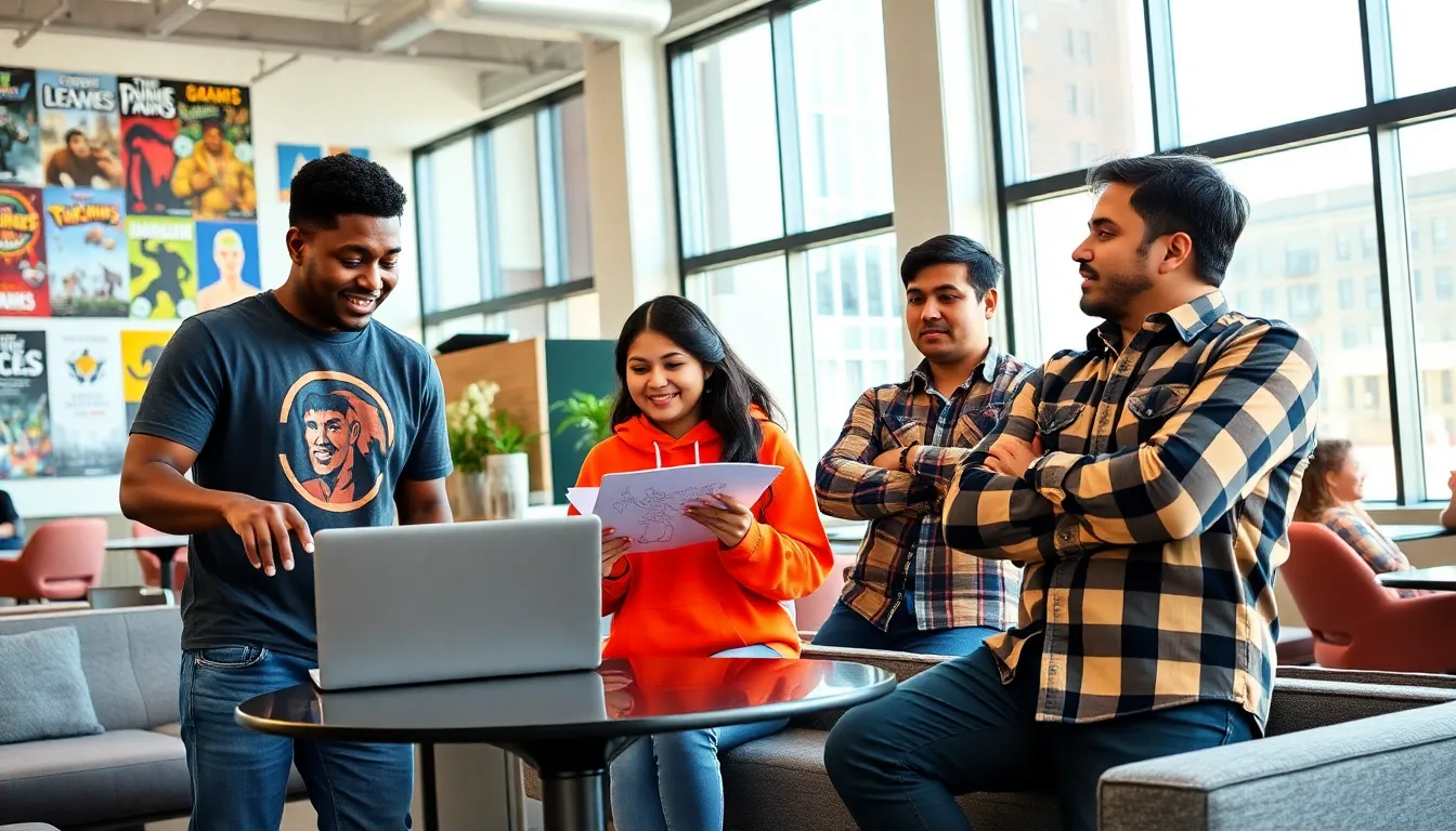 A diverse group collaborating on game development in a creative workspace.