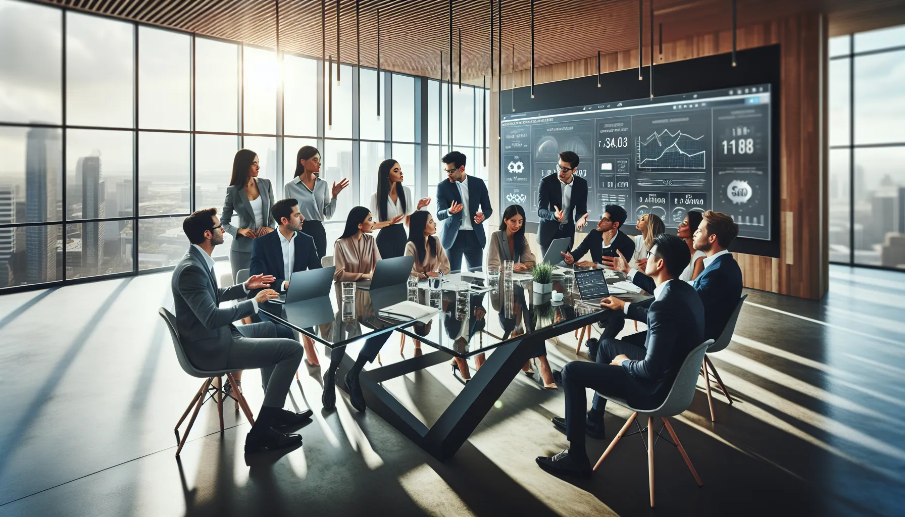 diverse team discussing discounts in a modern office.