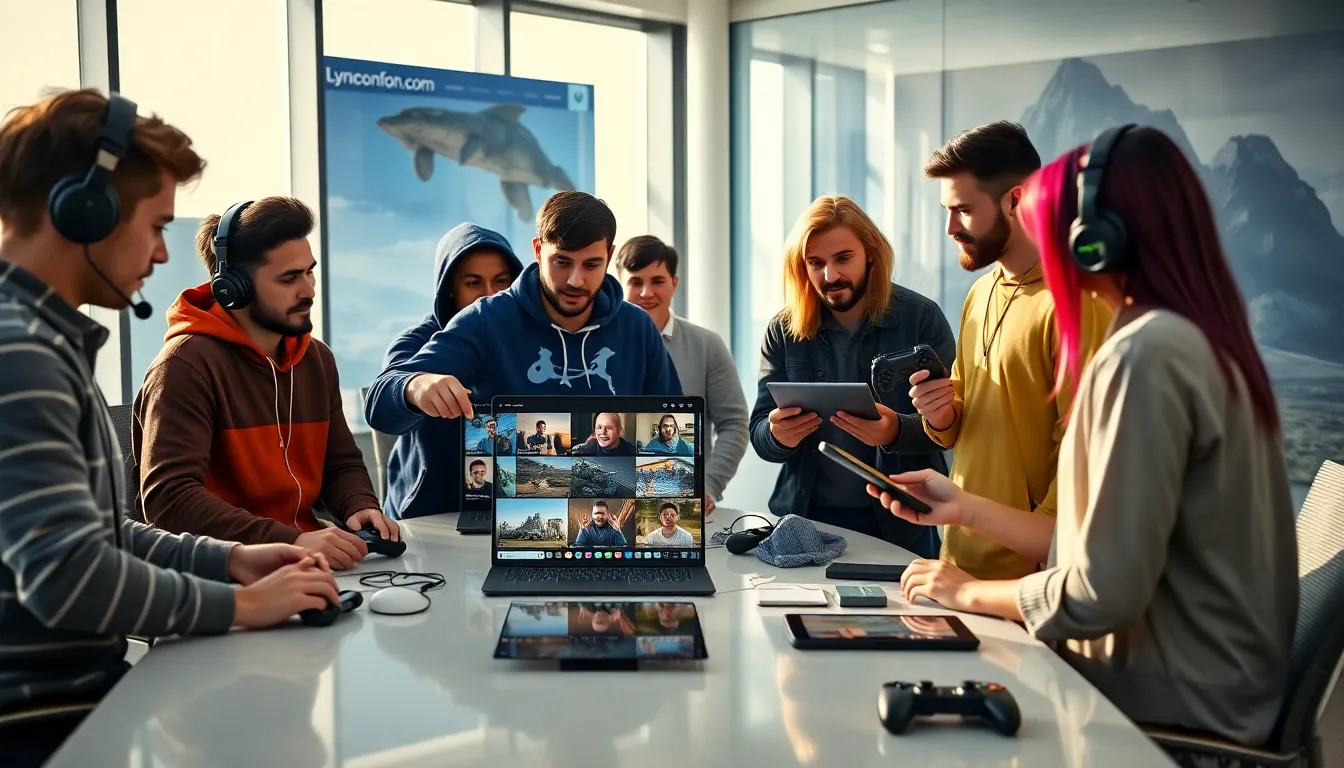 diverse gamers collaborating over game mods in a modern office.