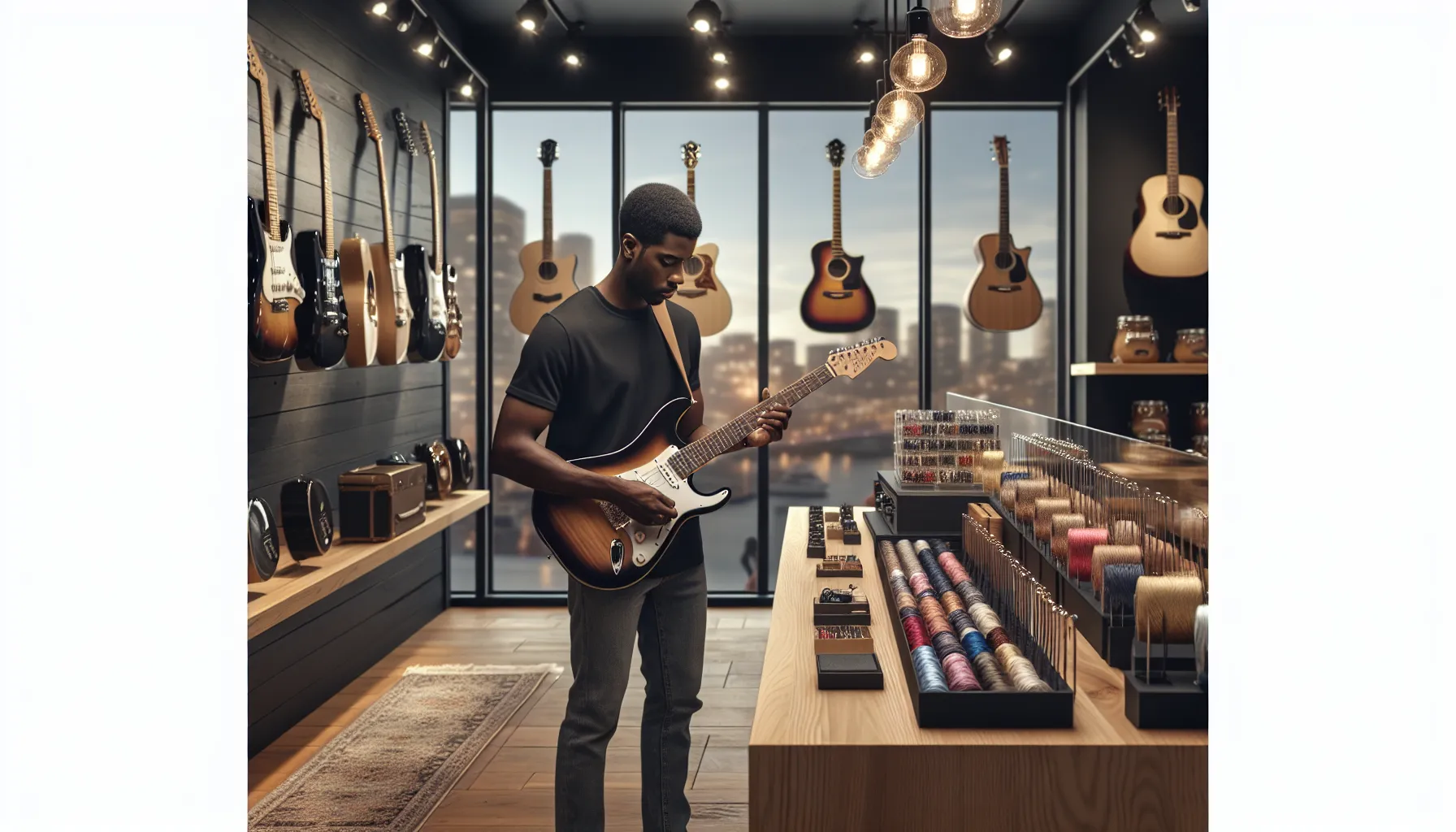 technician restringing an electric guitar in a modern music shop.