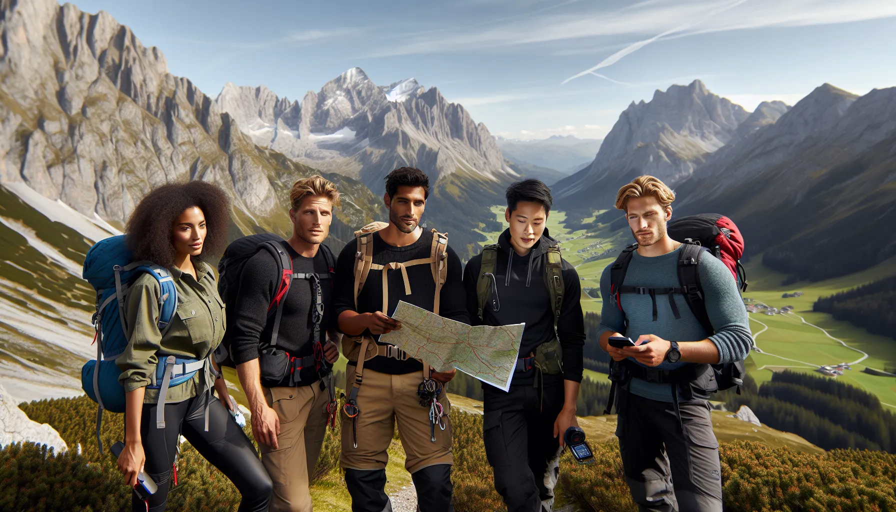 diverse mountaineers consulting a map on a mountain trail.