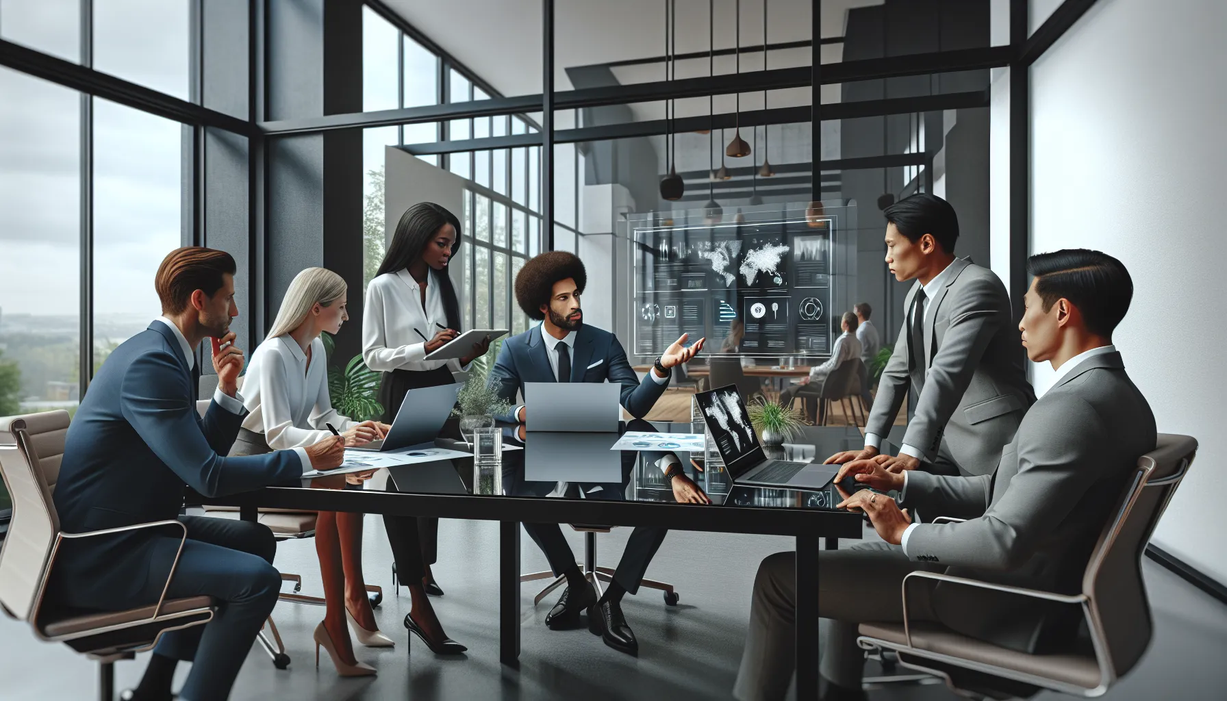 team discussing software features in a modern office.