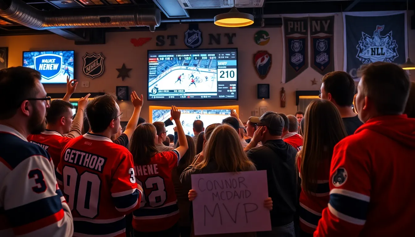 fans enjoying an NHL game in a lively sports bar.