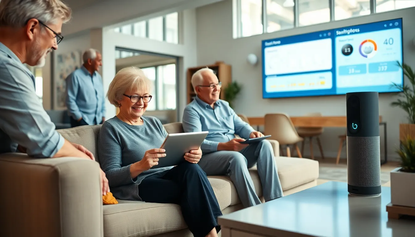 seniors interacting with smart home devices in a cozy living room.