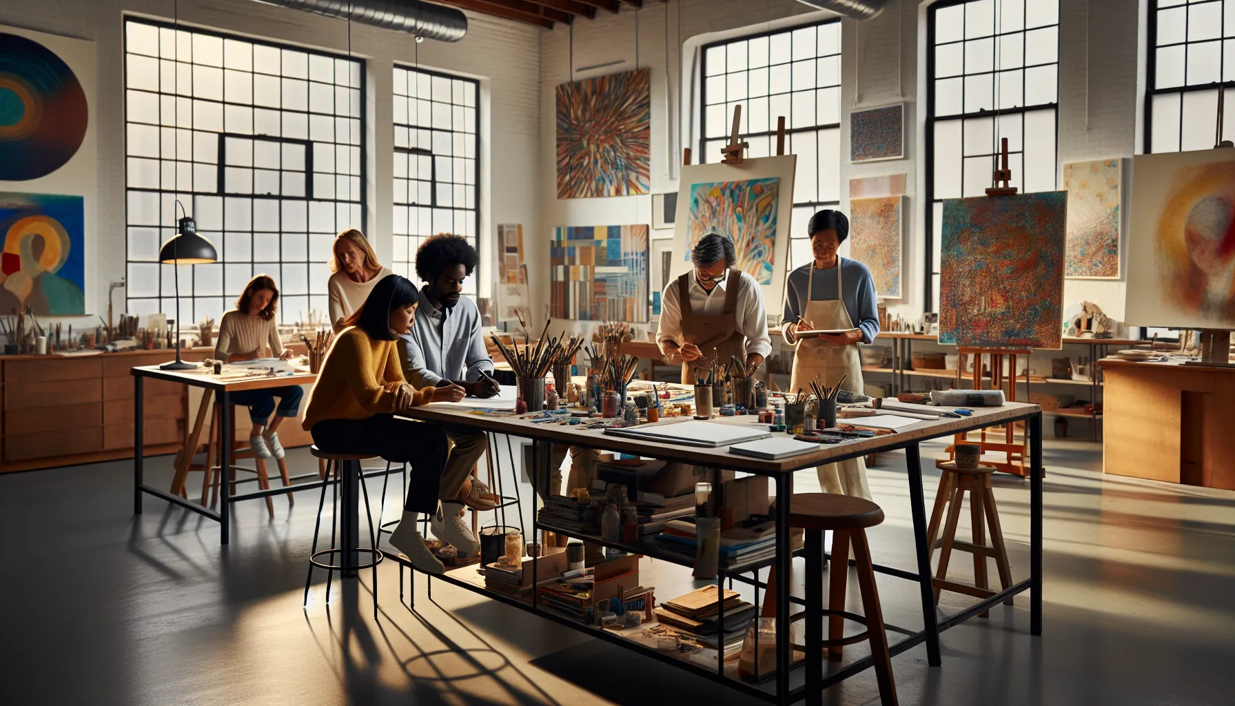 diverse artists collaborating in a modern art studio.