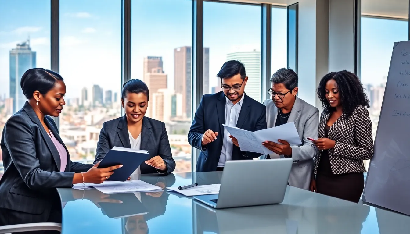 a diverse team from HomeRocket Realty collaborating in a modern office.