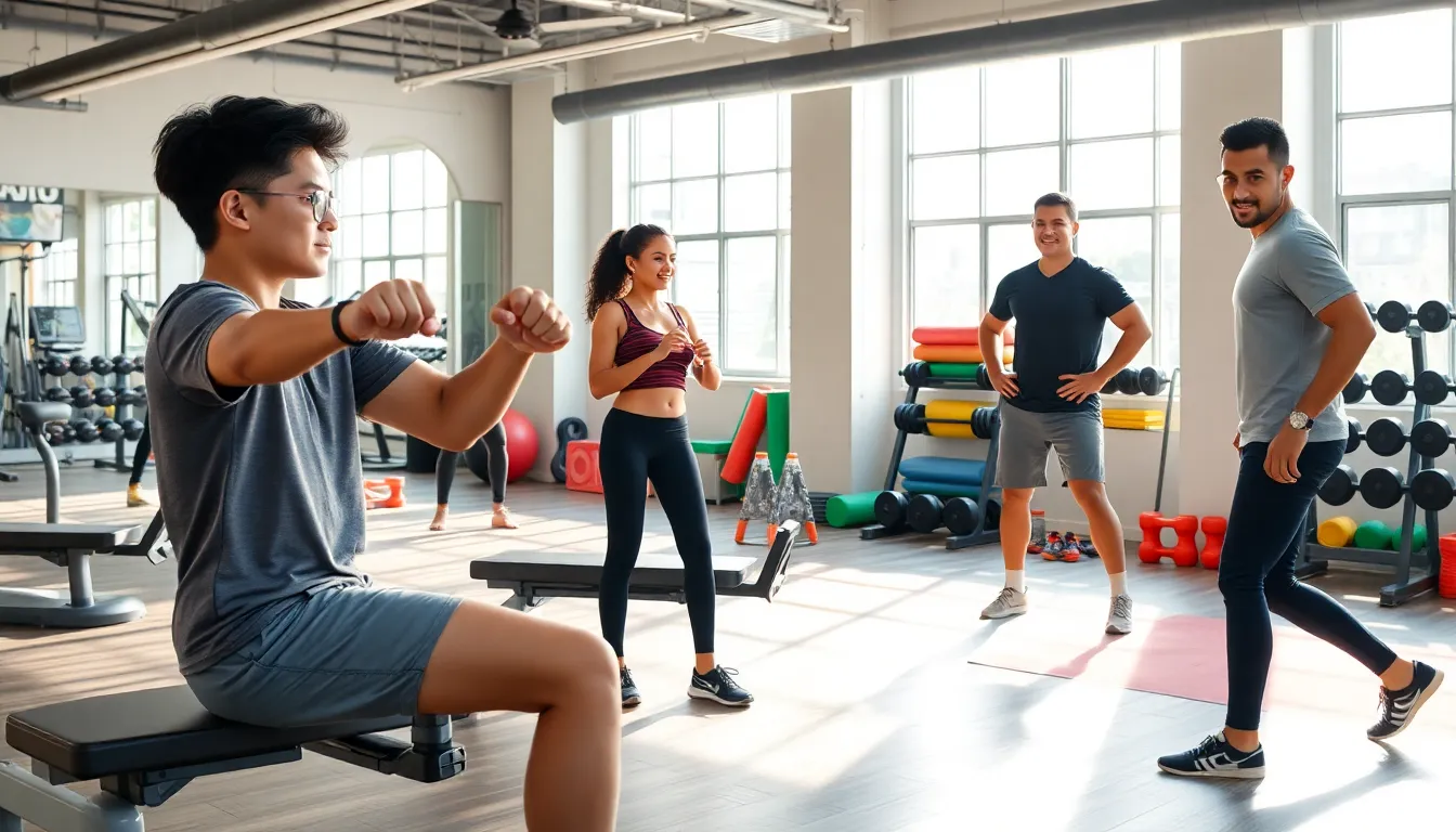 diverse teens training in a modern gym for fitness.