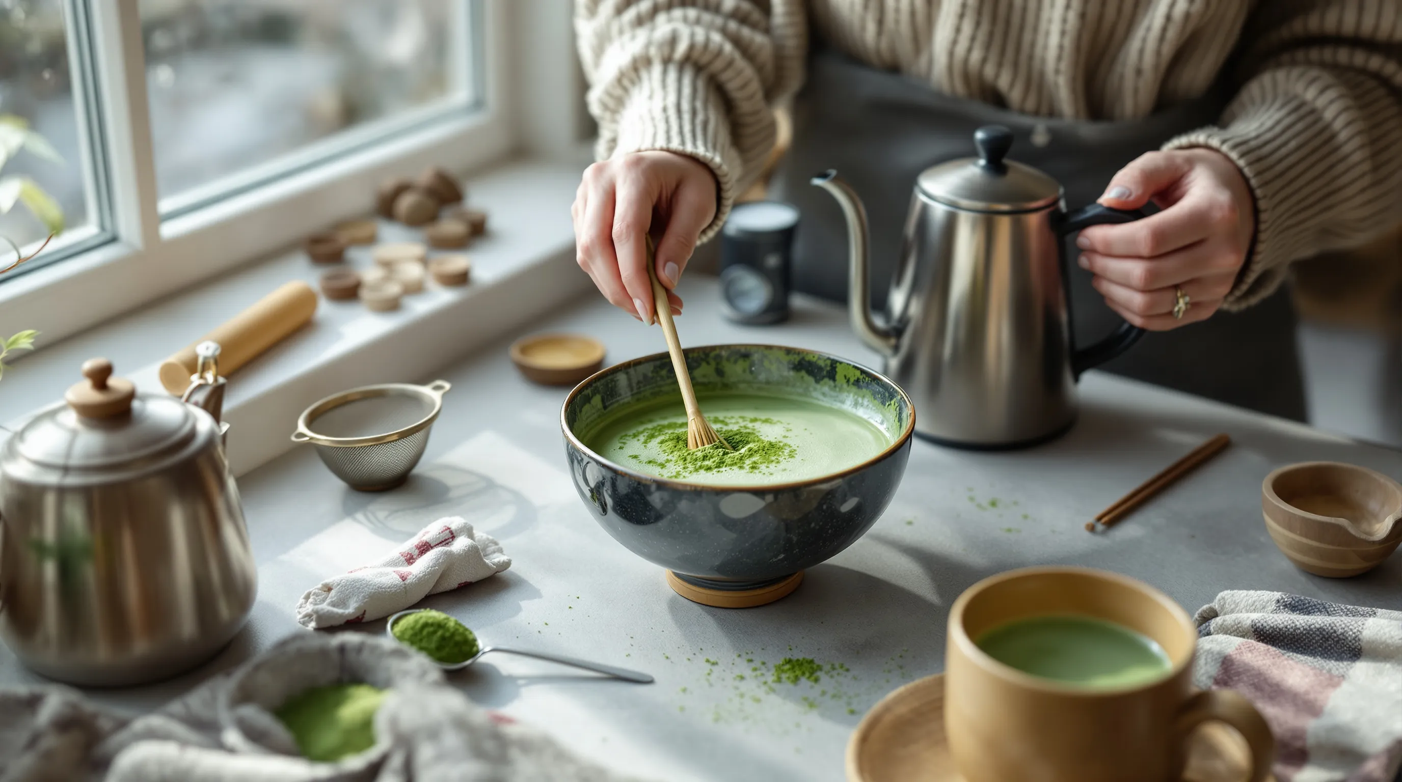 Irish woman whisking vibrant matcha in a chawan by a window.