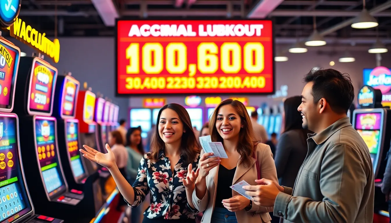 a lively lottery gaming hall showcasing a large accumulative jackpot display.