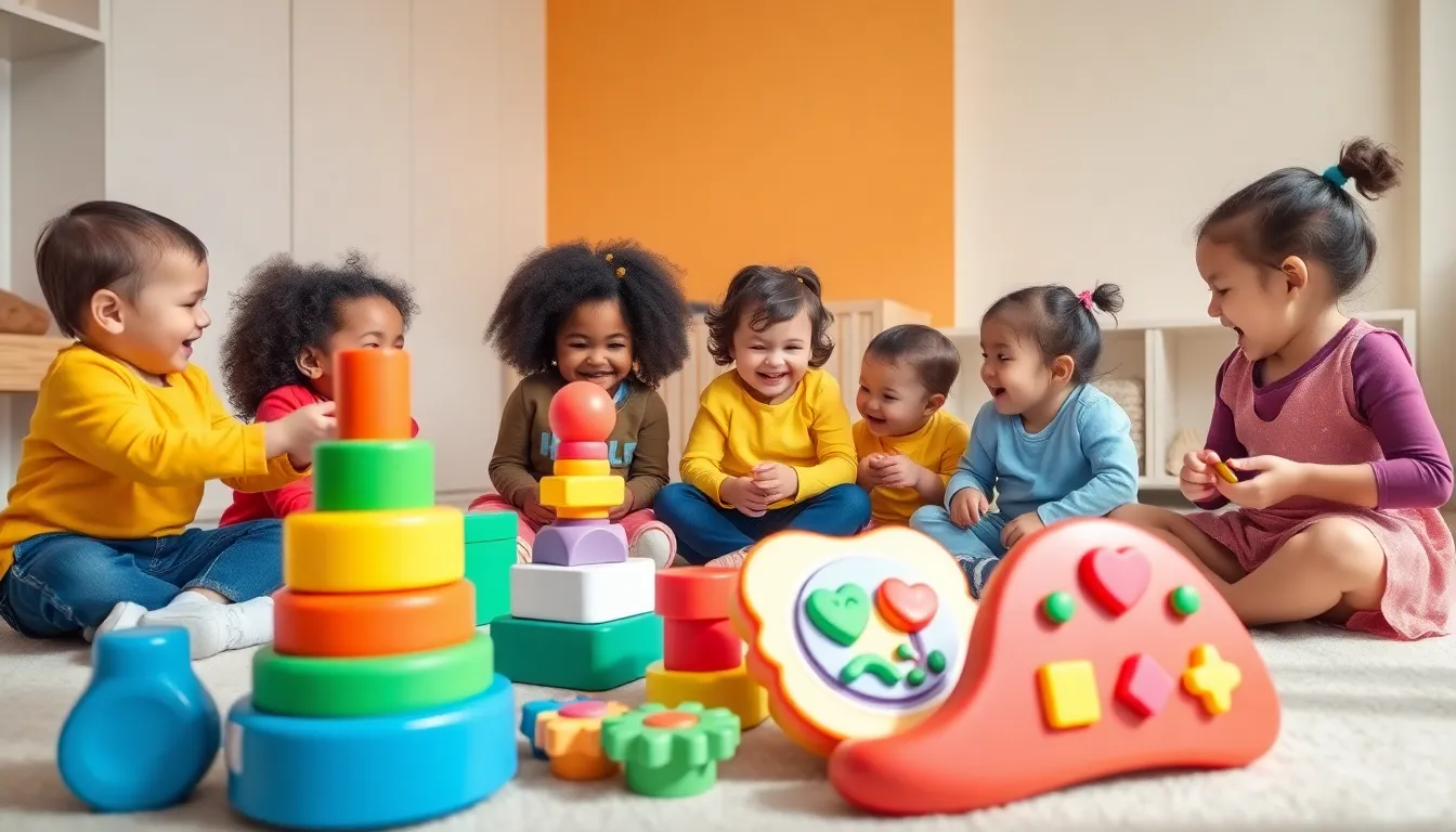 toddlers playing with colorful educational toys in a bright nursery.