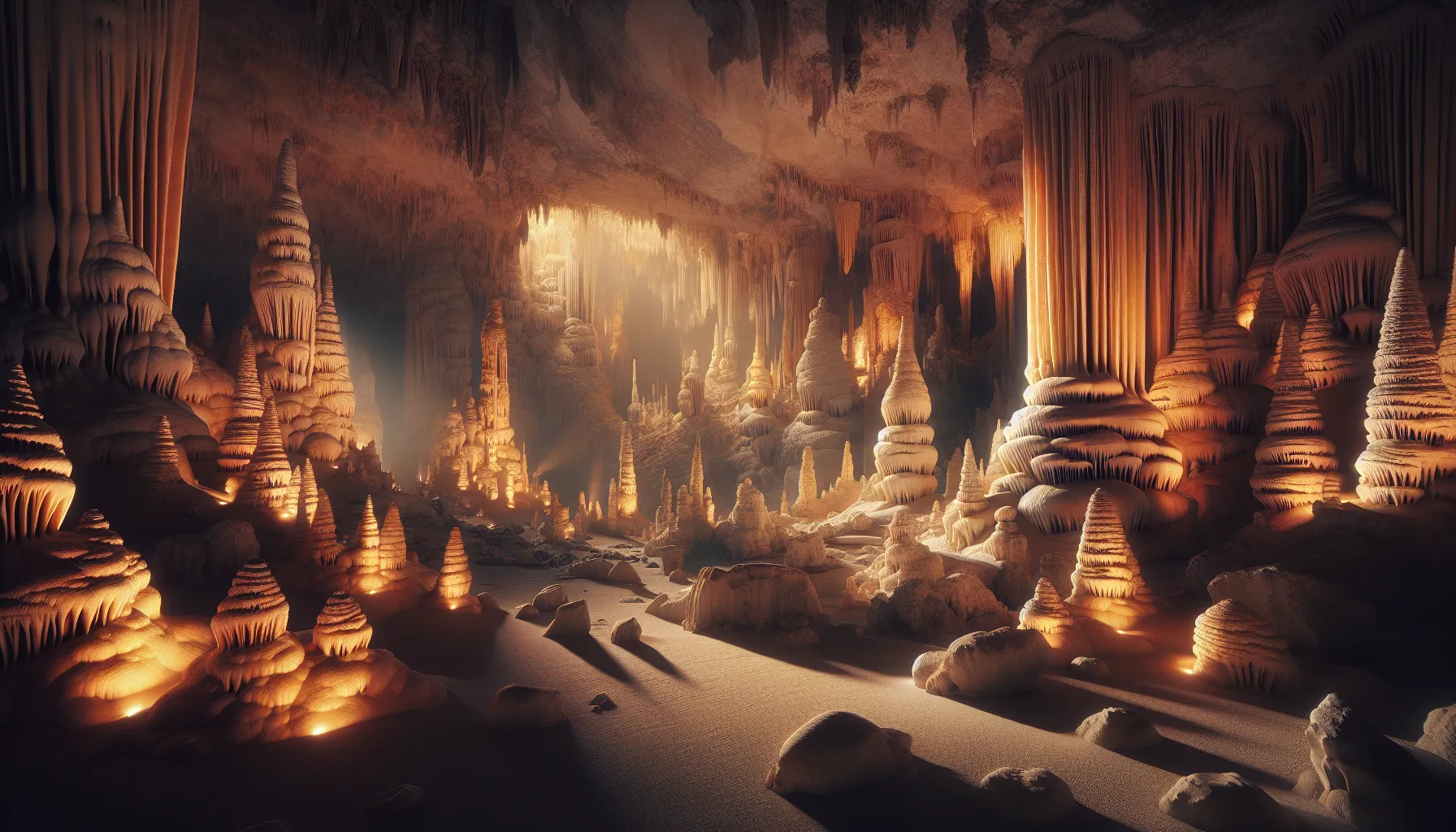 stalagmites in a limestone cave, illuminated by soft lights.