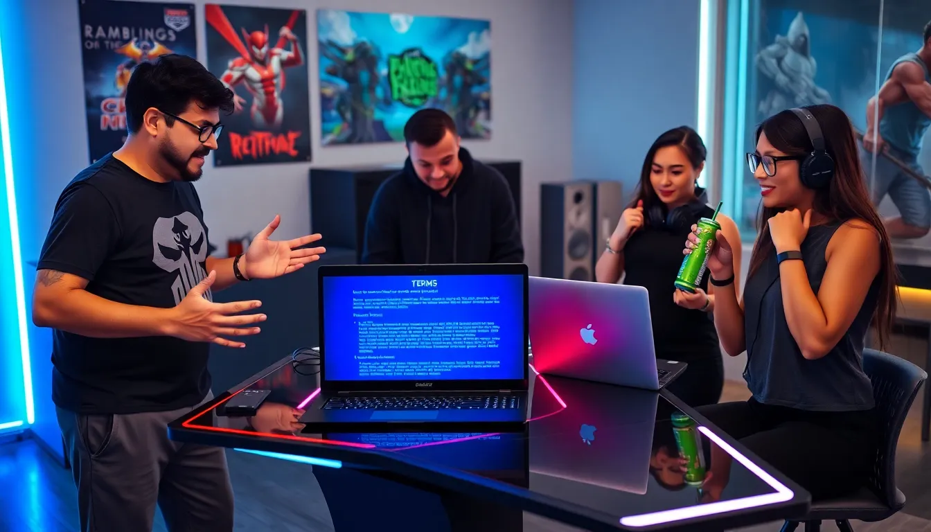 four gamers discussing terms and conditions at a modern gaming table.