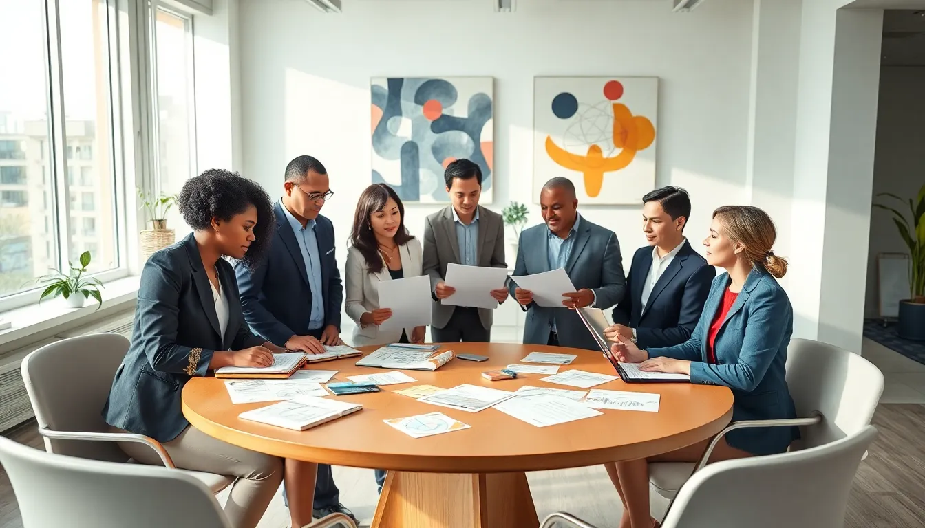 diverse team discussing Alomesteria in a modern office.