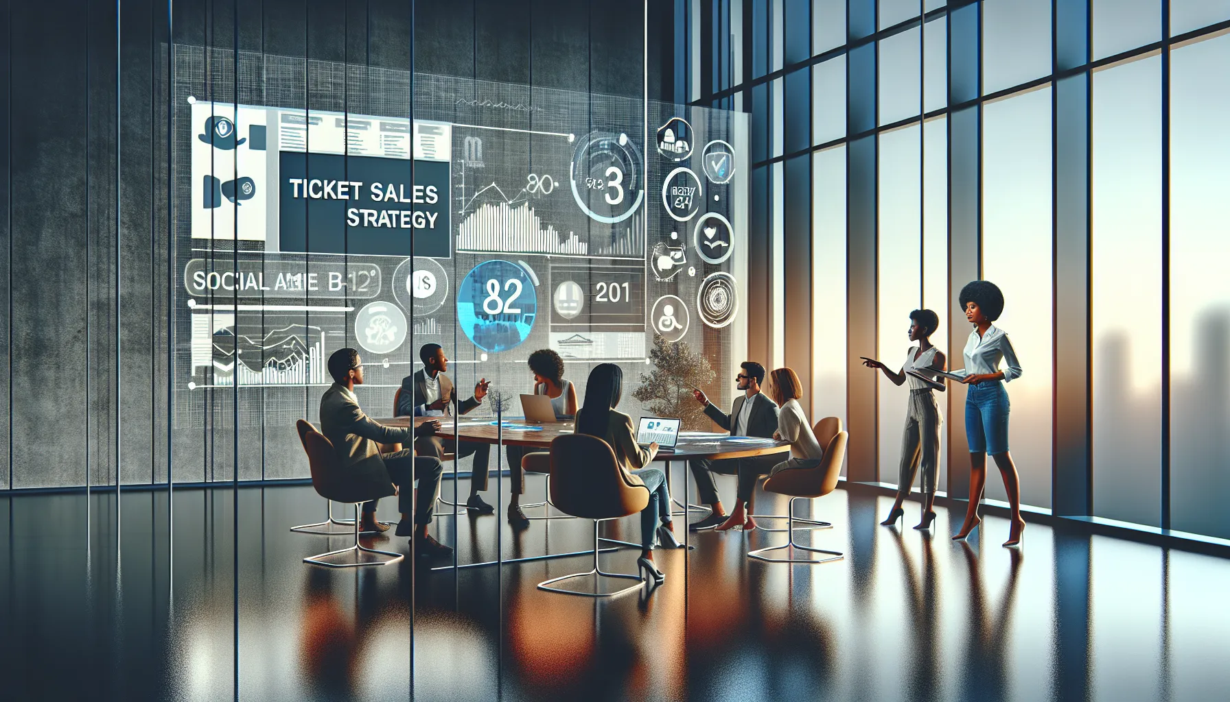 diverse team strategizing ticket sales in a modern conference room.
