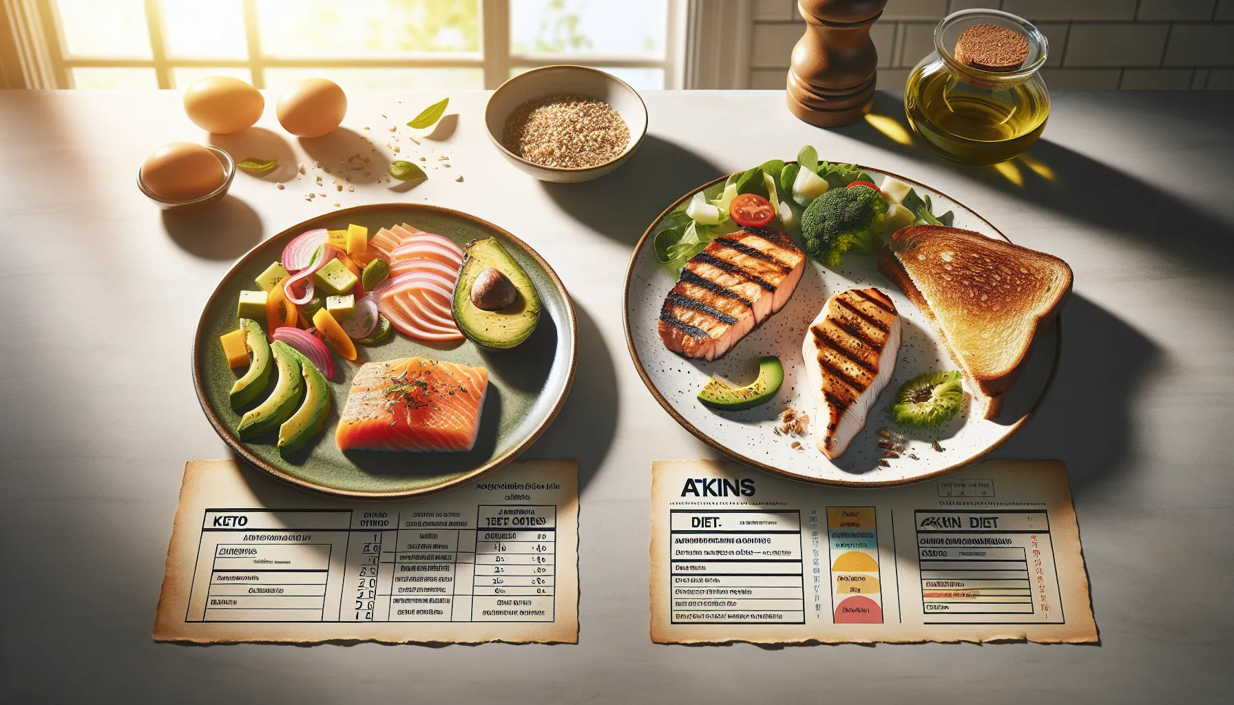 Two plated meals representing keto and Atkins diets on a kitchen counter.