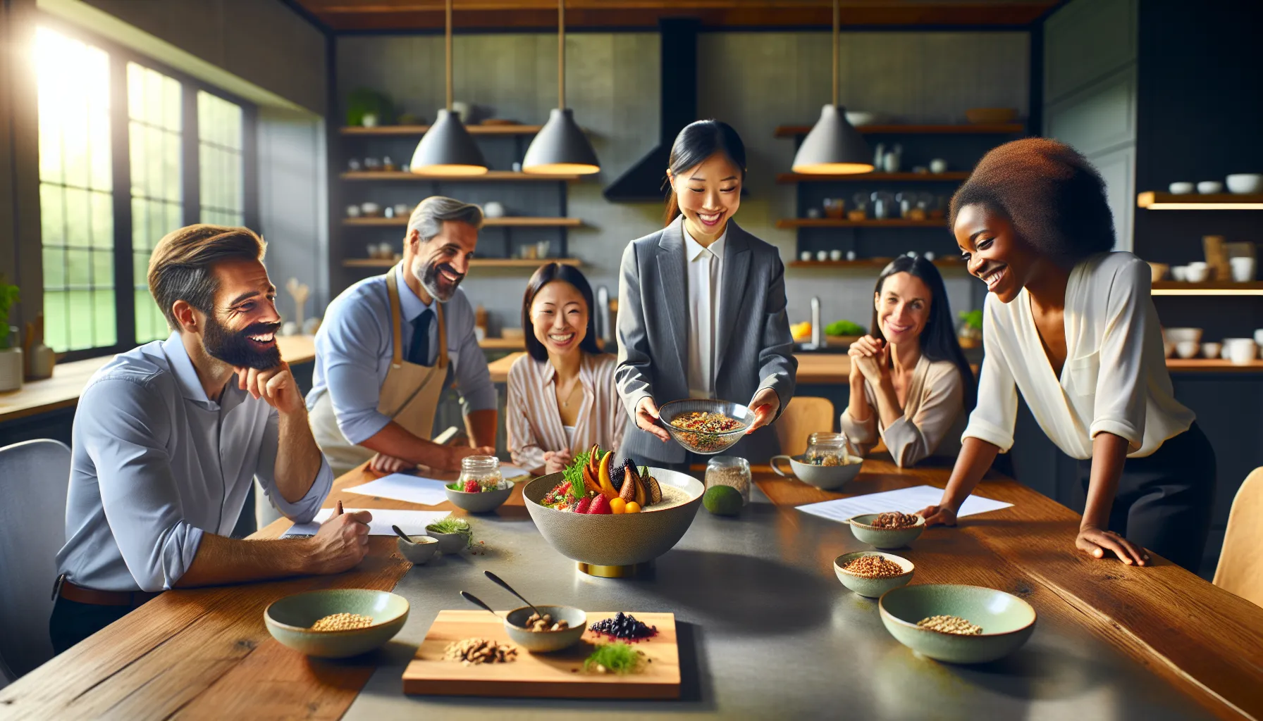 Diverse professionals discussing the health benefits of Rasnkada in a modern kitchen.