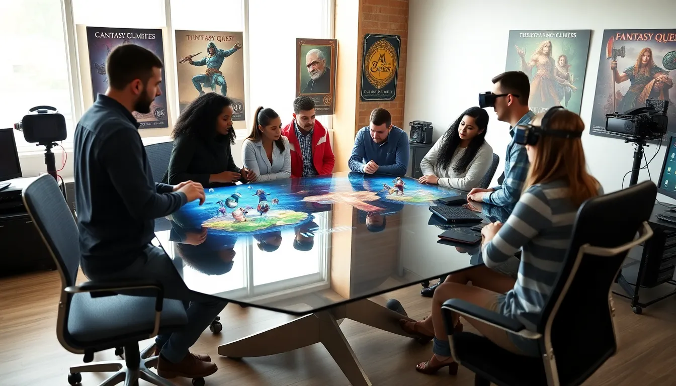 diverse team of developers collaborating in a game studio.