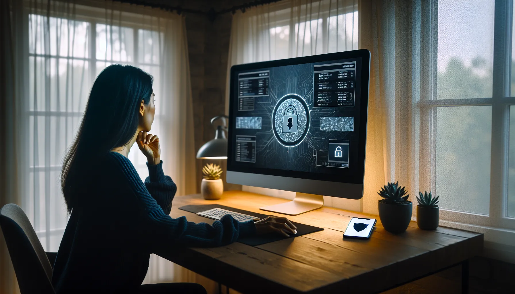 Person viewing encrypted cryptocurrency wallet interface on computer screen at home office desk.