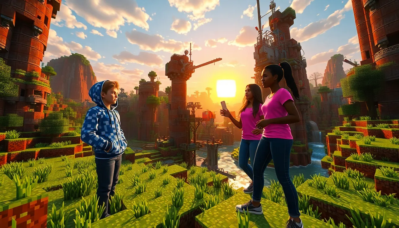 gamers discussing mods in a vivid Minecraft Java Edition landscape.
