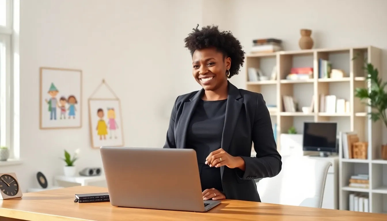 African American woman in a bright home office, engaging in a video call.