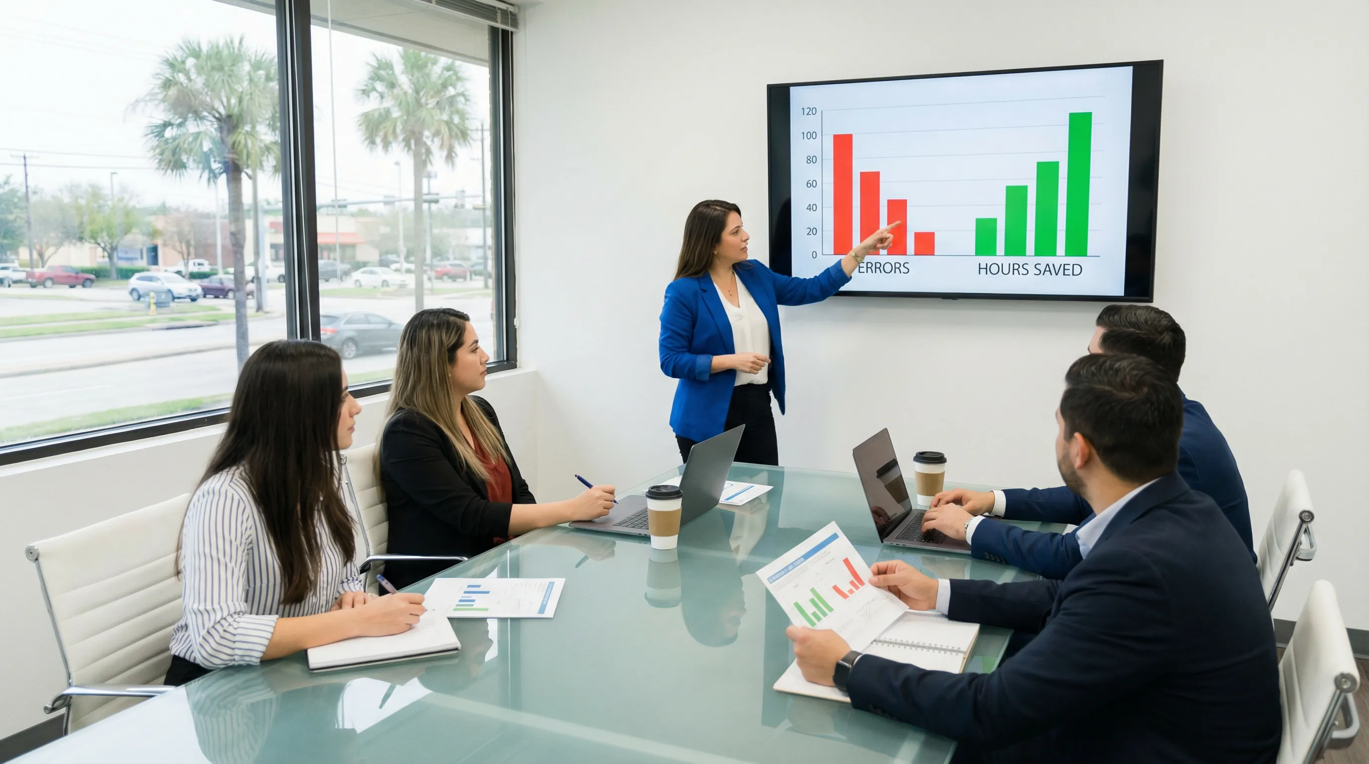 Pearland business team reviewing charts on a screen that show measurable efficiency gains from automation.