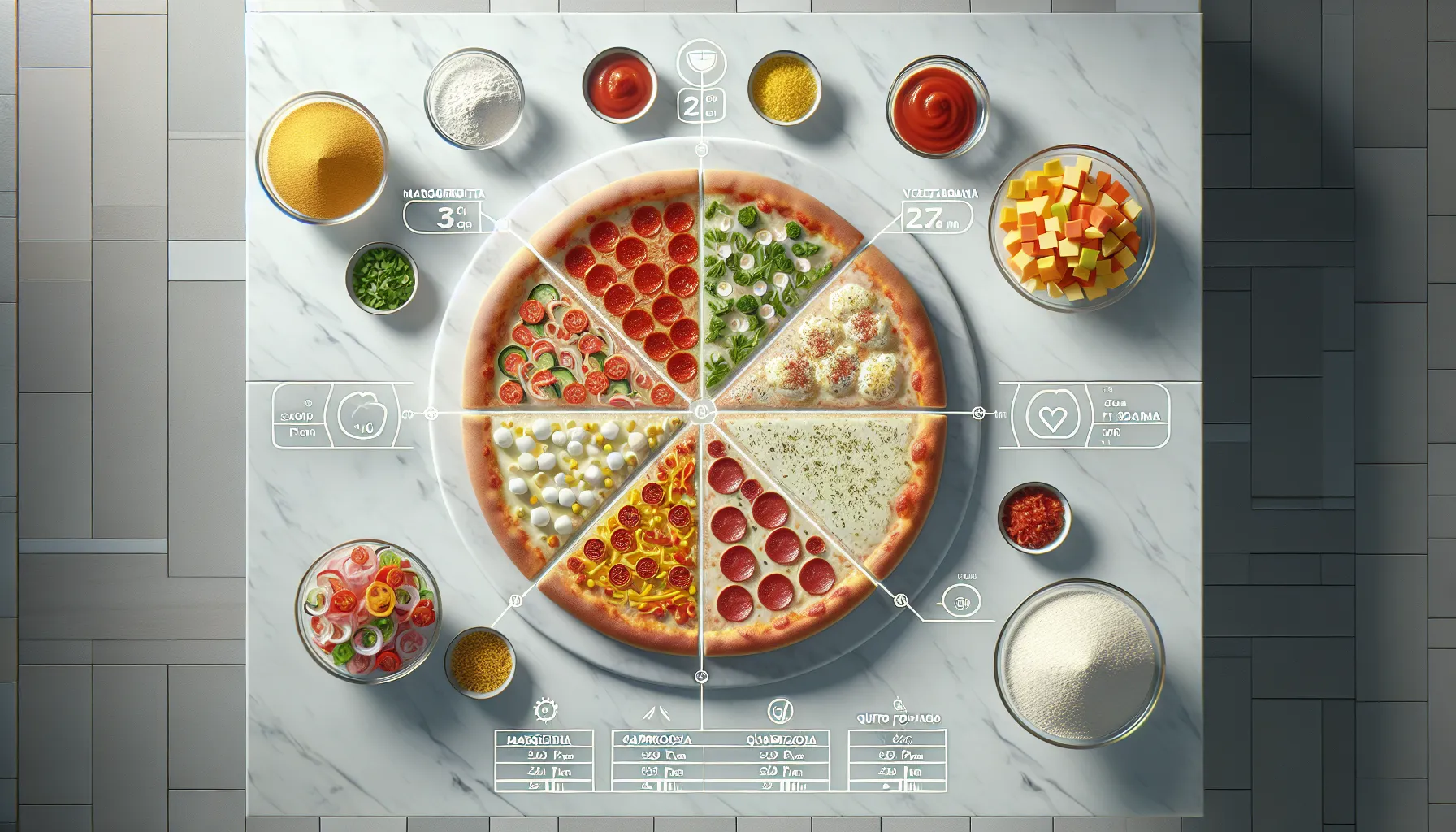 Whole pizza on a plate with calorie-rich ingredients and nutrition icons.