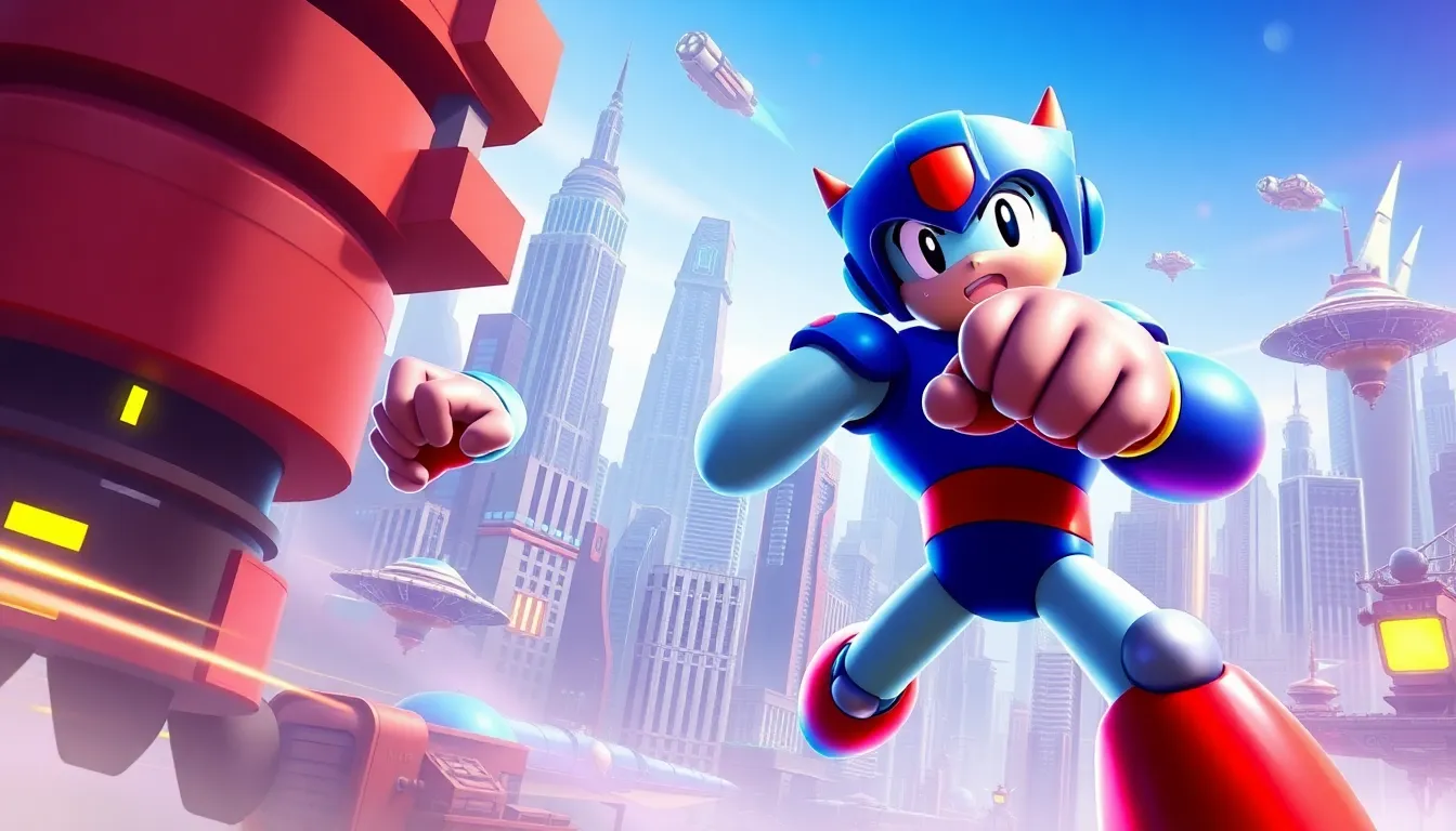 Astro Boy in action against a futuristic cityscape backdrop.