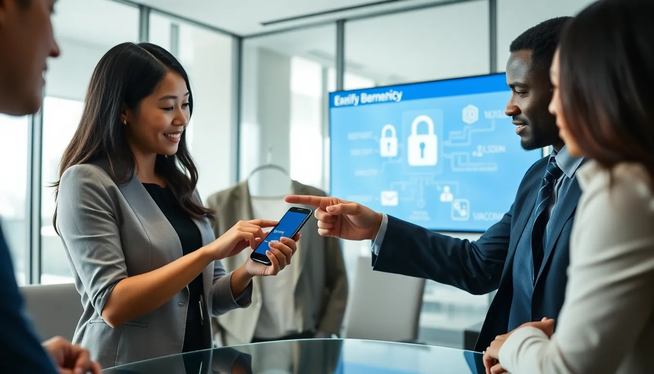 professionals discussing mobile banking security in a modern office.