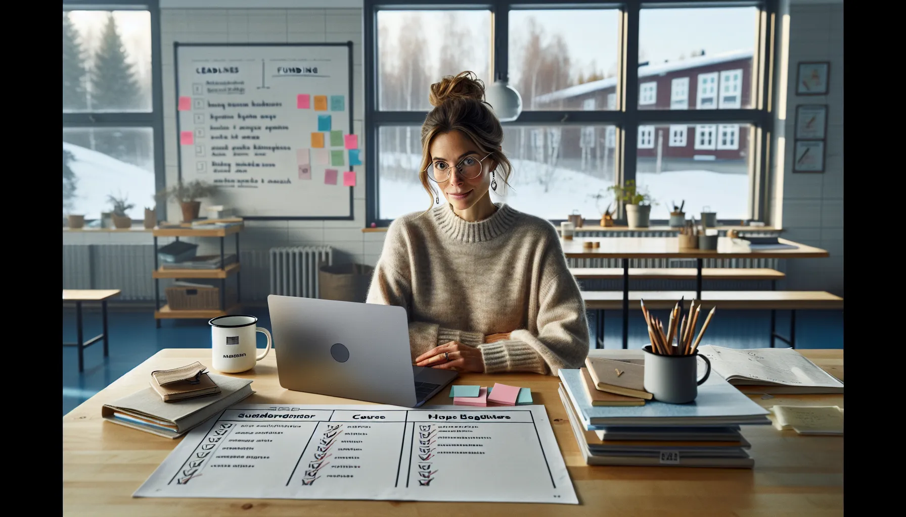 Videreutdanning for lærere: hva er alternativene? 3 Teacher reviews norwegian further education options on a laptop in a bright staffroom.