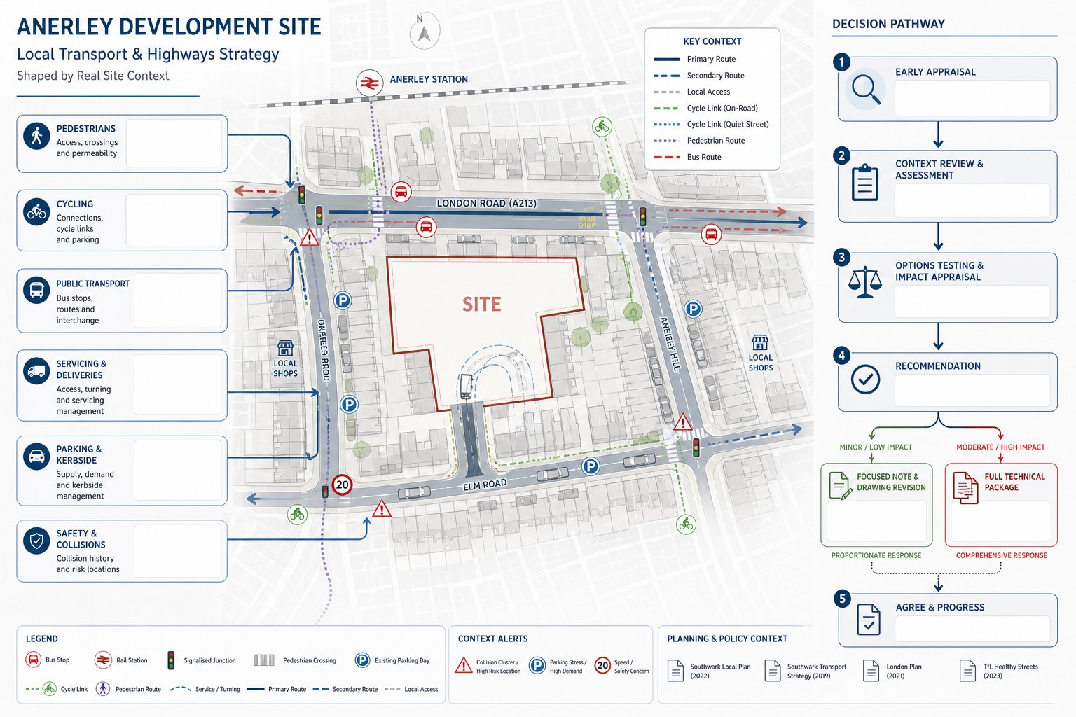 Infographic of an Anerley site transport strategy and local highways review.