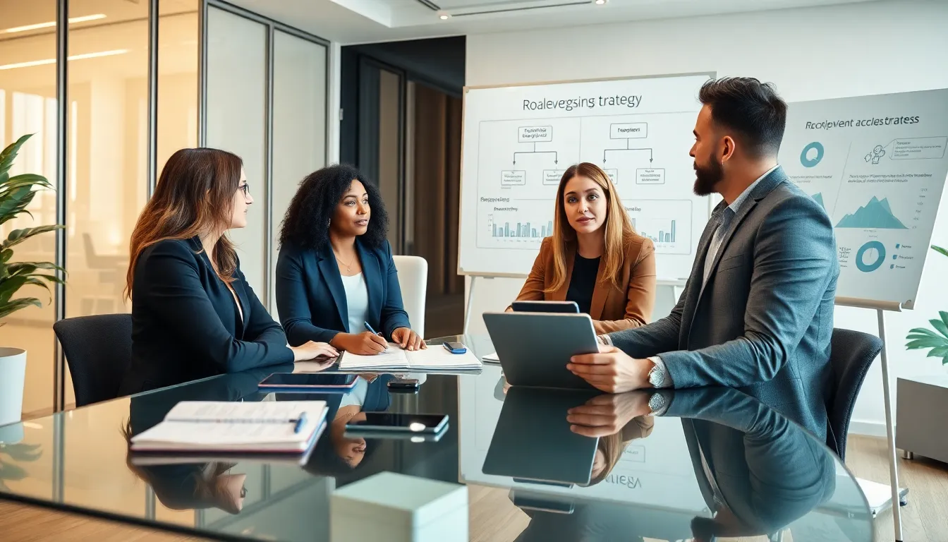 diverse team collaborating in a modern office on business strategy.