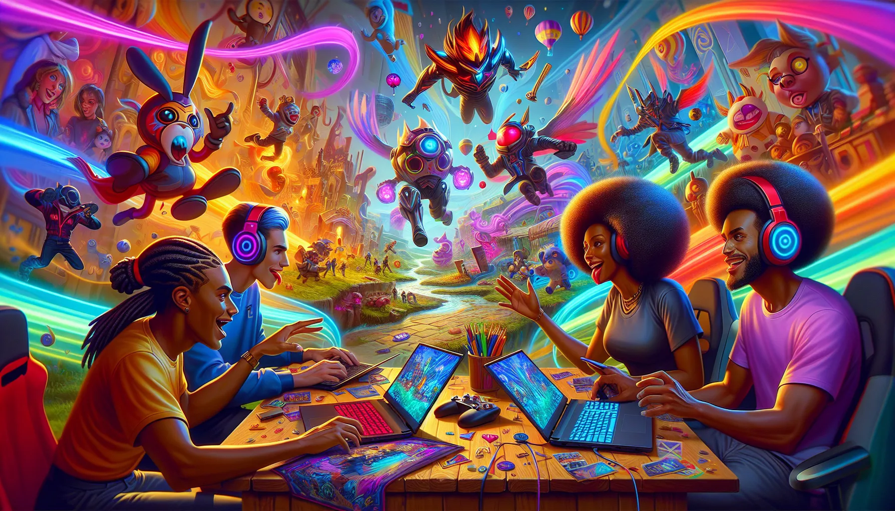 gamers discussing strategies in a colorful game setting.