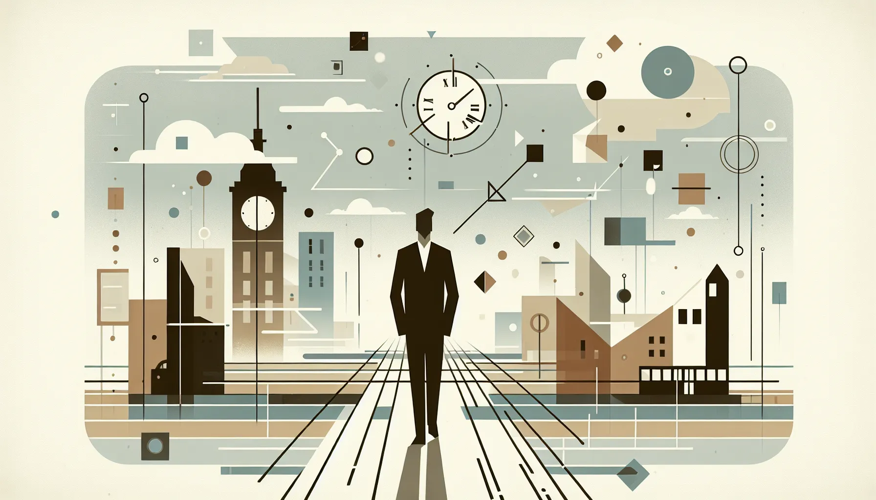 A minimalist figure standing among geometric shapes representing Zagreb and fragmented time elements.