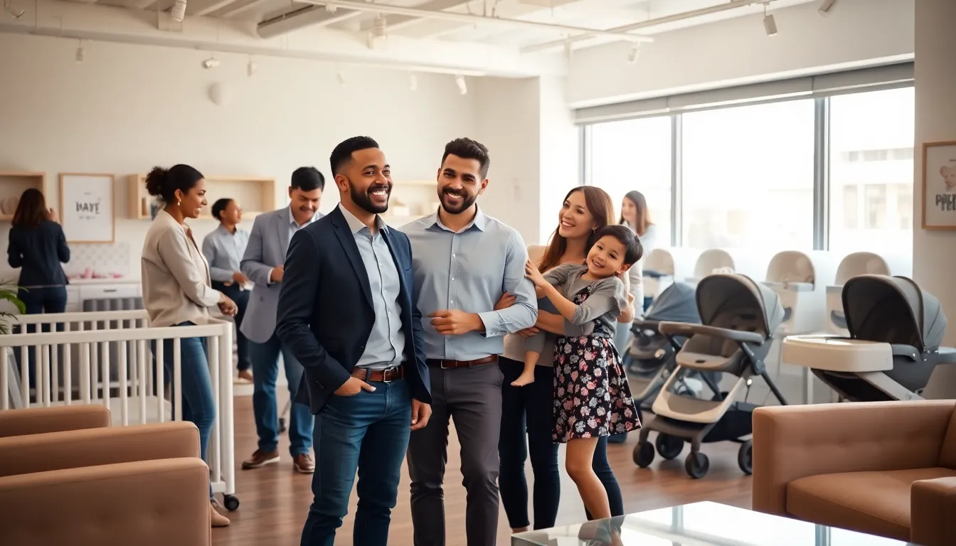 parents exploring baby gear rentals in a modern office.