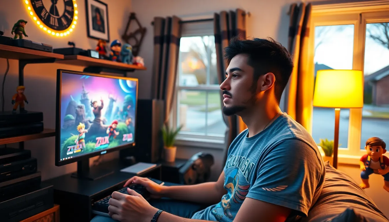 A young man gaming in a room filled with video game memorabilia.