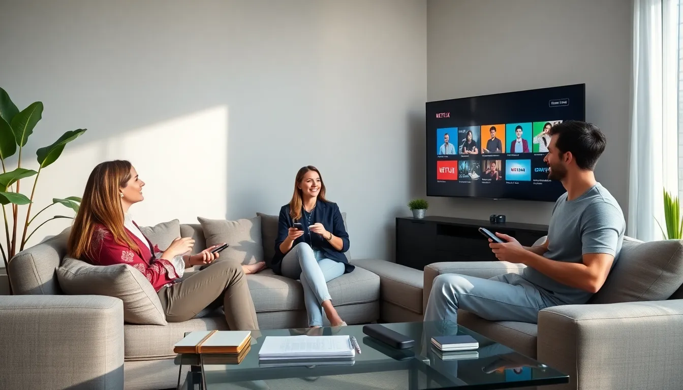 diverse group discussing smart TV recording features in a modern living room.