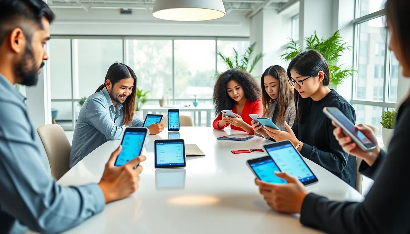 diverse individuals learning Japanese in a modern office setting.