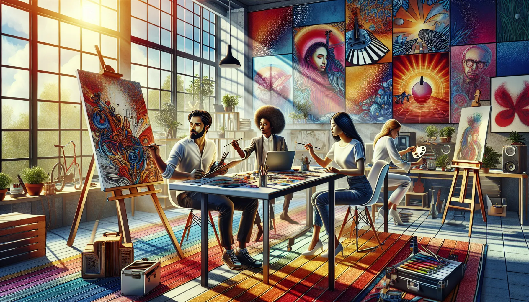 diverse artists collaborating in a colorful creative workspace.