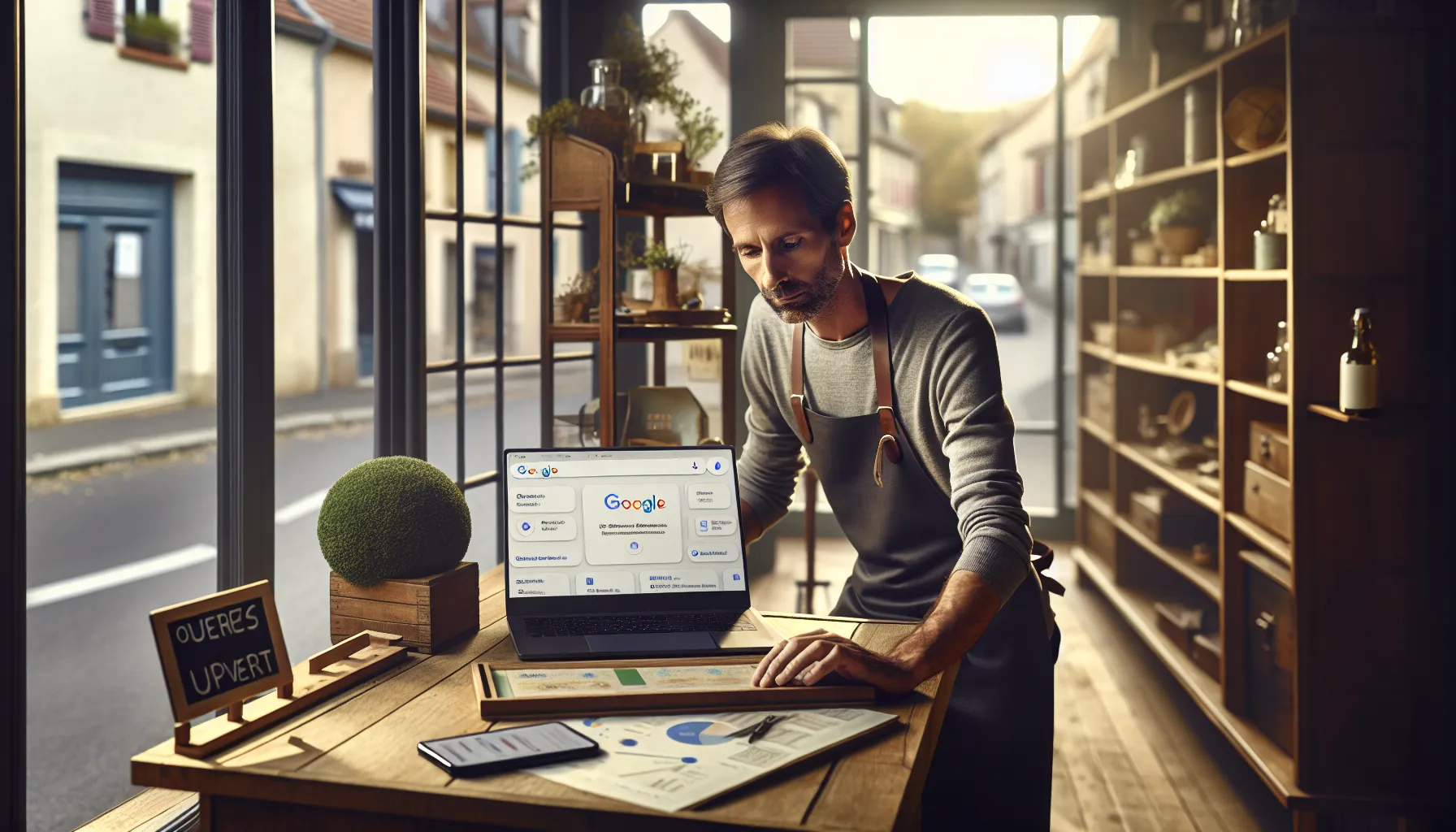 Local shop owner in Ormesson-sur-Marne optimizing Google Business profile on laptop.