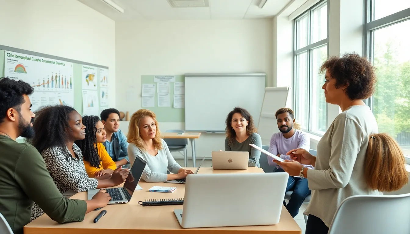 adults engaged in a child development class in a bright classroom.