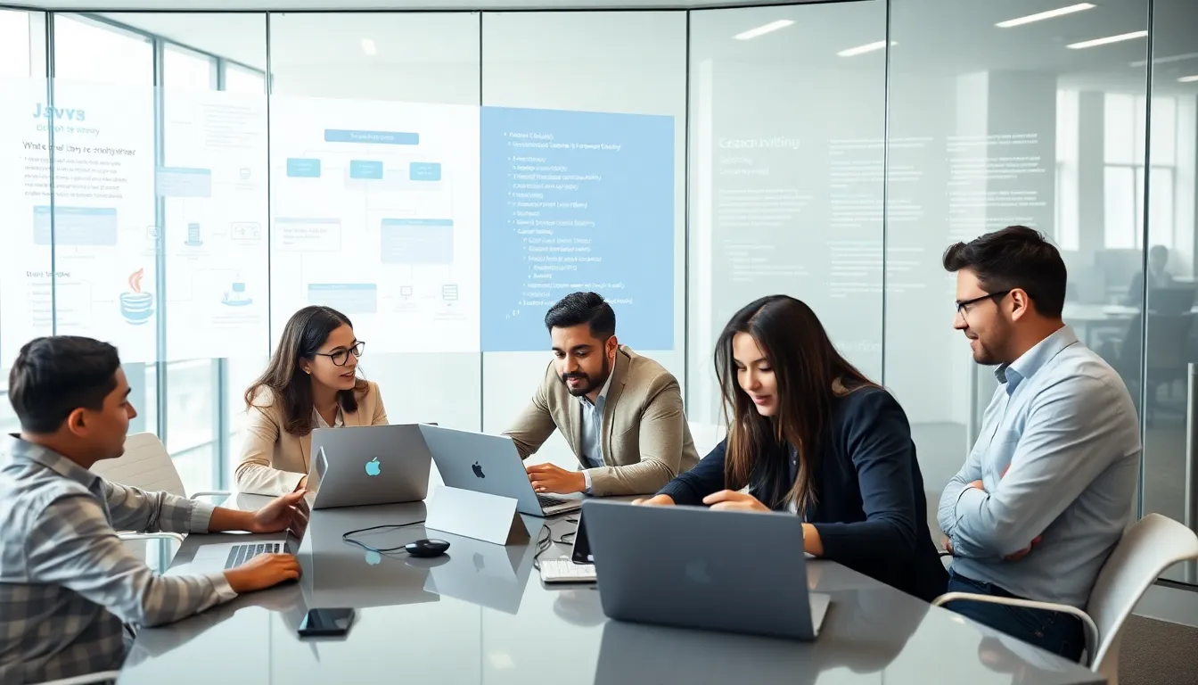 diverse team discussing Java programming in a modern office.