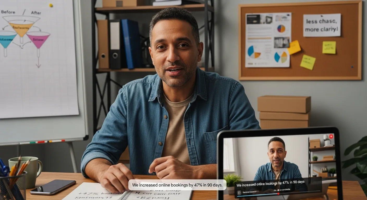 Small business owner recording an authentic video testimonial in a simple home office.