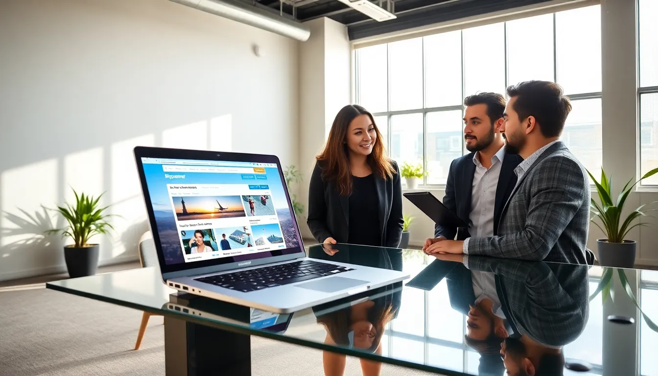 professionals discussing travel options using Skyscanner on a laptop.