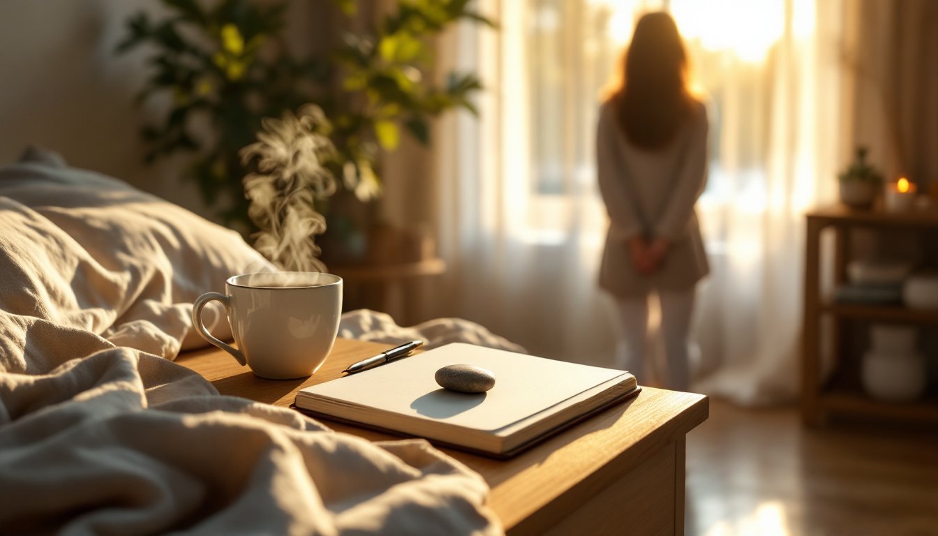 A sunlit bedroom corner with a journal, steaming mug, and woman stretching by the window.